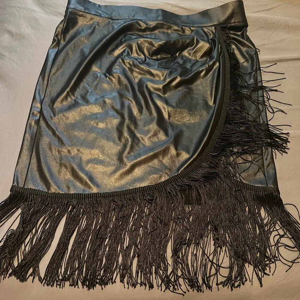 Cider Metallic Black Asymmetrical Fringe Skirt